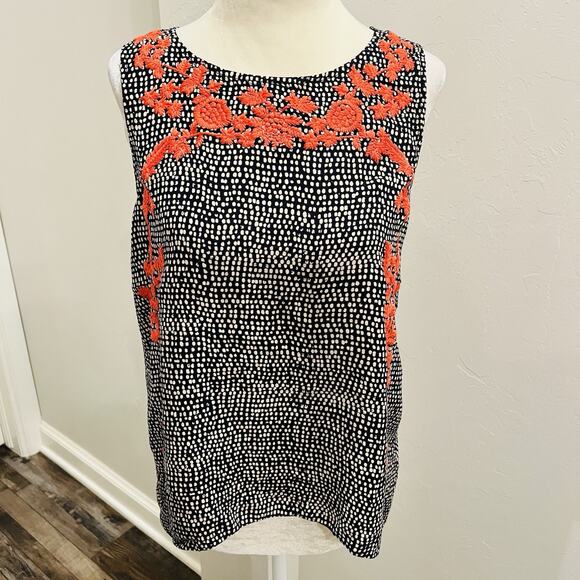 THML Tops - THML Boho Red Embroidery on Blue and Beige Patterned Flowy Tank Size L (A0132)
